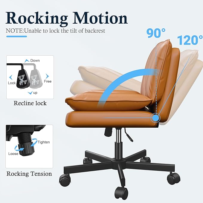 Armless Criss Cross Chair with Wheels, Leather Cross Legged Office Chair with 2-Layer Cushion,Swivel Modern Home Office Desk Chair 25.5" Wide Seat Height Adjustable,Vanity Chairs,Orange