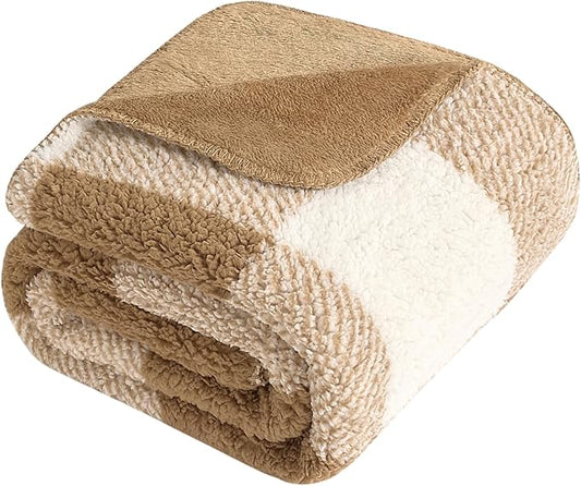 LURKA Checkered Sherpa Fleece Queen-Size Bed Blanket - Extra Thick and Warm Winter Soft Fuzzy Plush Blanket for Couches, Beds & Pets, Brown, 90x90 Inches