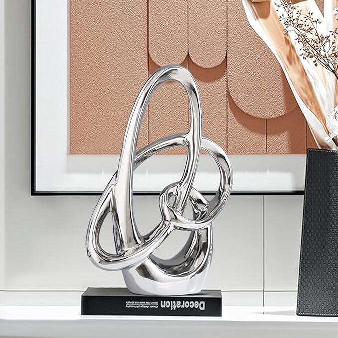 11in Silver Ceramic Statue – Modern Abstract Art Figurine for Home Decor Accents, Tabletop Centerpiece for Dining Room, Living Room Shelf, Office or Wedding Display