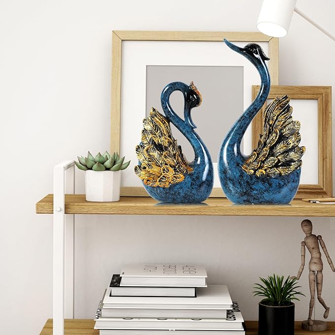 2pcs Swan Statues Couple's Home Decorations for Living Room Decor and Accessories, Sculptures Home Decor for Coffee Table, Book Shelf Decor Accents (Blue)