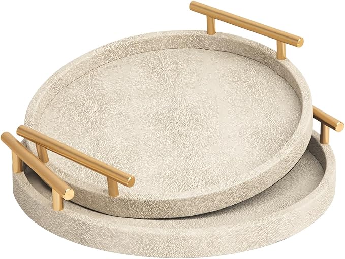 Modern Shagreen Tray, Round Serving Tray with Gold Polished Metal Handles, Decorative Trays Coffee Table Ottoman Trays for Living Room Bathroom Home Decor, Set of 2 (Ivory)