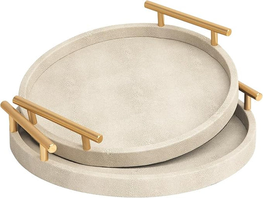 Modern Shagreen Tray, Round Serving Tray with Gold Polished Metal Handles, Decorative Trays Coffee Table Ottoman Trays for Living Room Bathroom Home Decor, Set of 2 (Ivory)