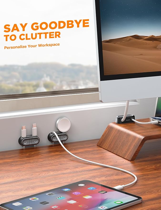 Magnetic Cable Clips - Chfeila 4Pack [Dual Slot] [360°Rotating & Twist-Lock] Cord Management, Adhesive Phone Charging Keeper, Wire Organizer Holder for Nightstand, Home Office Desk Accessories Decor