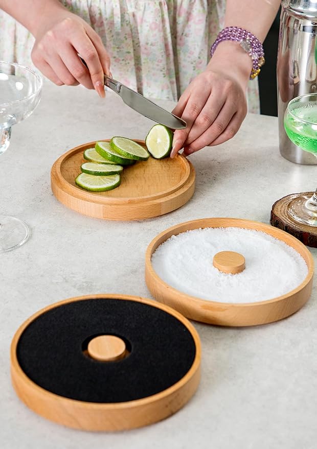 Nucookery 3-Tier Wood Bar Glass Rimmer, 5.6" Margarita Salt Rimmer Set, Sugar and Salt Rimmer Tray for Juice Cocktails, Bartender Bar Party Tool, Drinks Bar Accessories Box for Home Bar (Beech Wood)