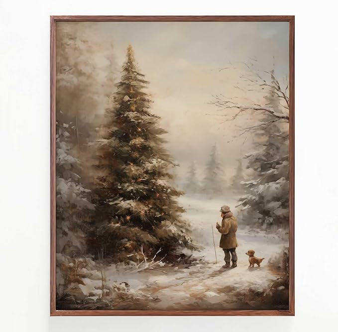 Christmas Vintage Painting Print Winter Rustic Wall Art Farmhouse Christmas Holiday Decor Print Country Christmas Wall Art