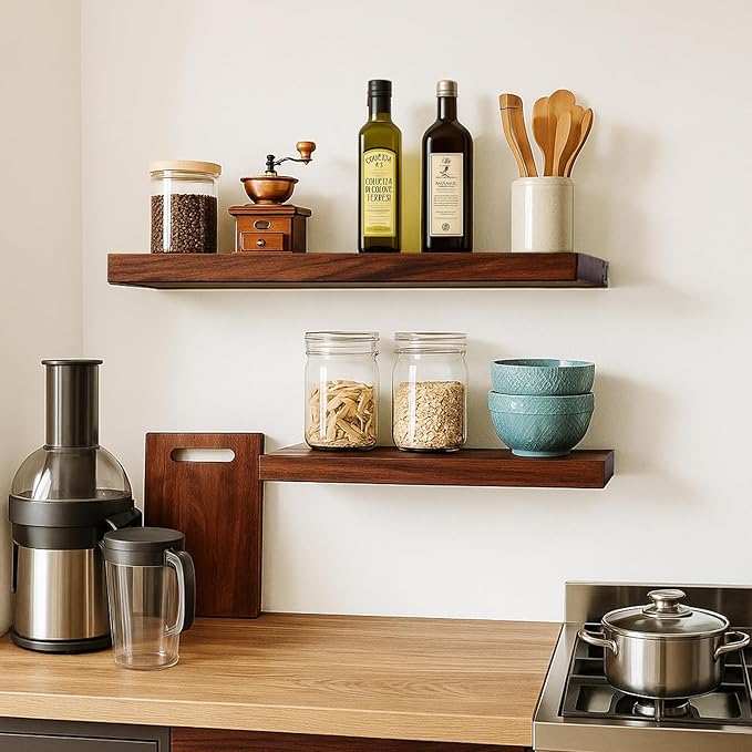 Solid Walnut Floating Shelves for Wall, 24"*10"*1.6"Real Thick Wood Mounted Wall Display Shelf with Joinery for Home Decor, Bathroom,Kitchen Set of 1（ Natural Walnut Brown）