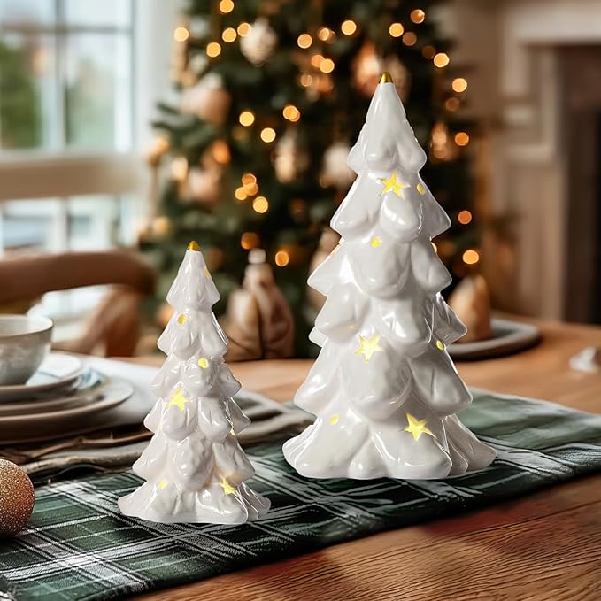 DN DECONATION Christmas Tree with Lights, Tabletop Xmas Trees with Star-Cutouts Leaves, 2Pcs White Prelit Ceramic Christmas Tree Figurines Holiday Centerpieces for Mantel & Shelves Decor