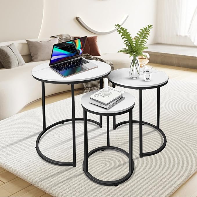 AT-VALY Nesting Tables Coffee Table Set of 3,Round Side Table Small Accent Table for Living Room,Bedroom Apartment (Black)