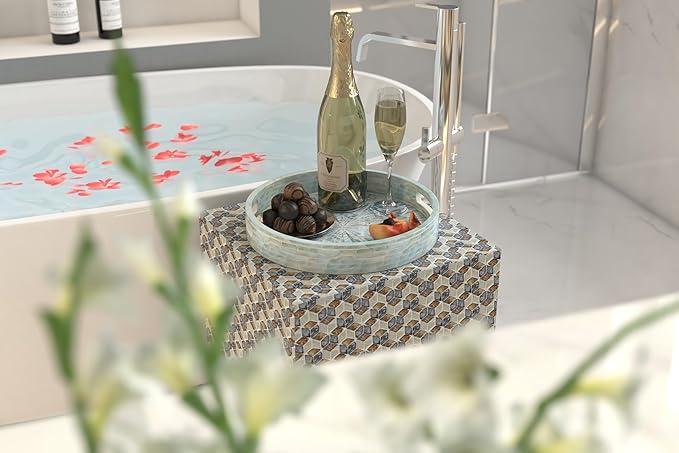 PEMAR 12.6” Mother of Pearl Round Serving Tray with Handles, Decorative Nacred Wooden Ottoman Coffee Table Tray (Teal Sunlight)