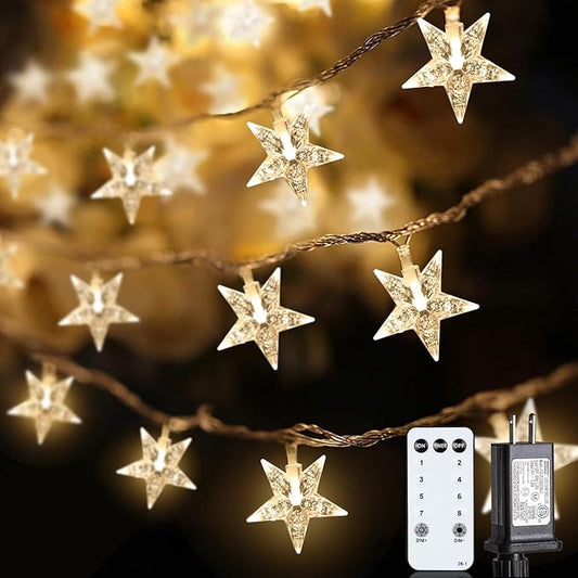 Star String Lights Plug in, 59 Ft 100 LED Star Fairy Lights with Remote Timer, Connectable Waterproof for Bedroom Wedding Party Indoor Outdoor Décor, Warm White