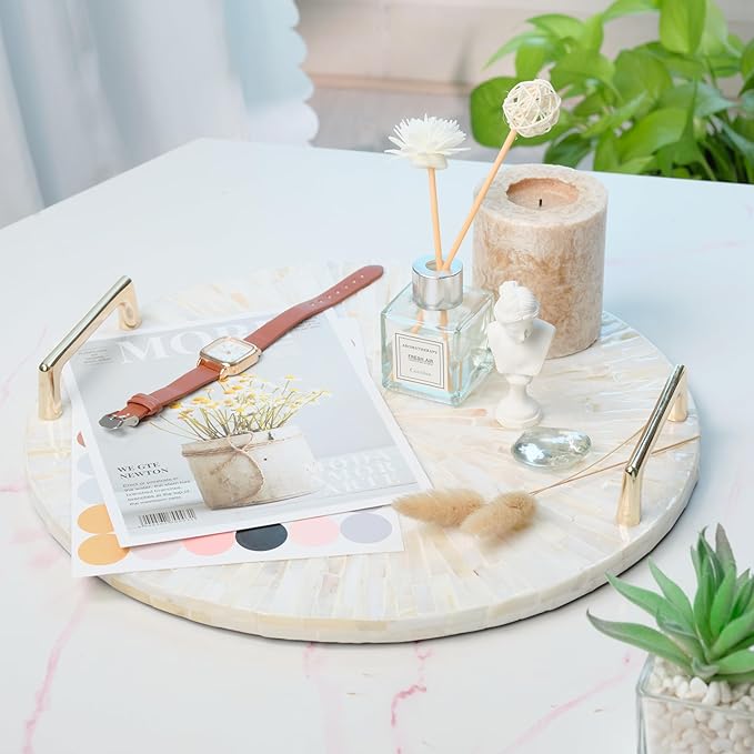 PEMAR Mother of Pearl Decorative Tray, 13" Round Display & Serving Tray with Gold Handles, Vanity/Perfume/Trinket Catchall for Dresser, Bathroom, Vanity Table (White Cream Sunlight Starburst Pattern)