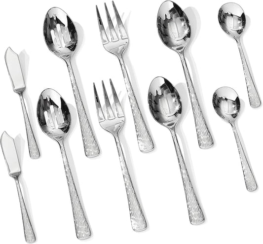 KINGSTONE Hammered 10-Piece Serving Utensil Set, 18/10 Stainless Steel Flatware for Catering, Party Include Spoons, Slotted Spoon, Fork, Butter Knife - Mirror Finish & Dishwasher Safe