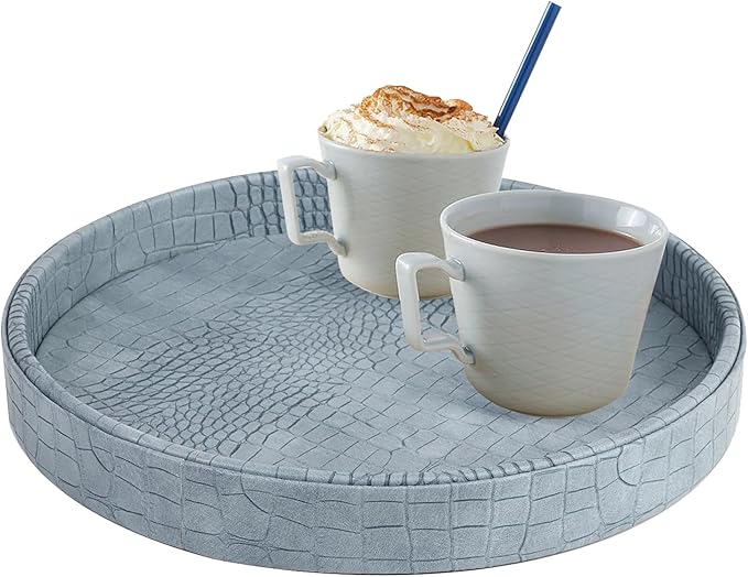 HofferRuffer Faux Leather Round Serving Tray, Vegan Croco Leather Decorative Tray, Food Tray for Storage Drinks, Snack & Cosmetics, Dia.12'' x 1.6'' (LightBlue)