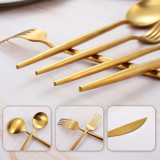 Matte Gold Silverware Set, IBIILII JEFF 40 Pieces Stainless Steel Flatware Set，Kitchen Utensil Set, Tableware Cutlery Set, Knife Spoons And Forks Set, Satin Finished Polished & Dishwasher Safe