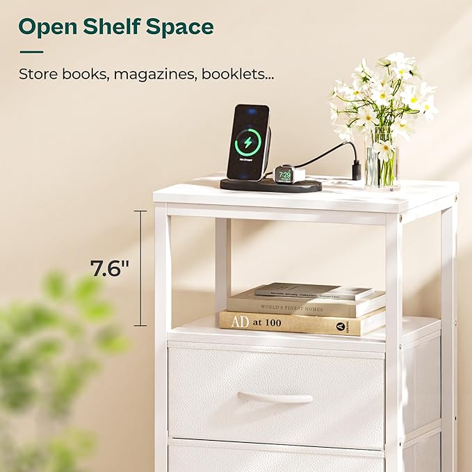 Huuger Nightstand with Charging Station, Side Table with 2 Fabric Drawers, End Table with Open Shelf, Bedside Table with USB-C Port and Outlets, Night Stand, PU Leather, White