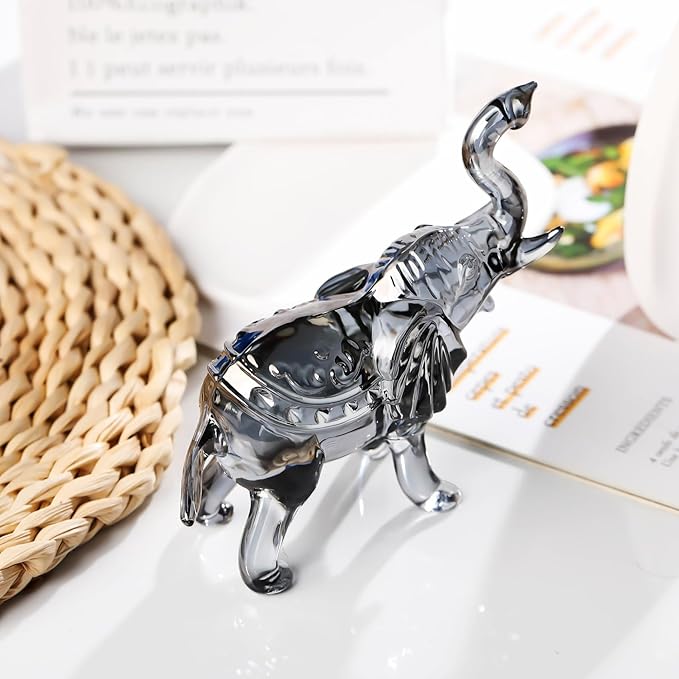 YWHL Black Crystal Elephant Figurine Decor, Glass Elephant Figurine Gifts for Women, Handmade Animal Collectible Statue