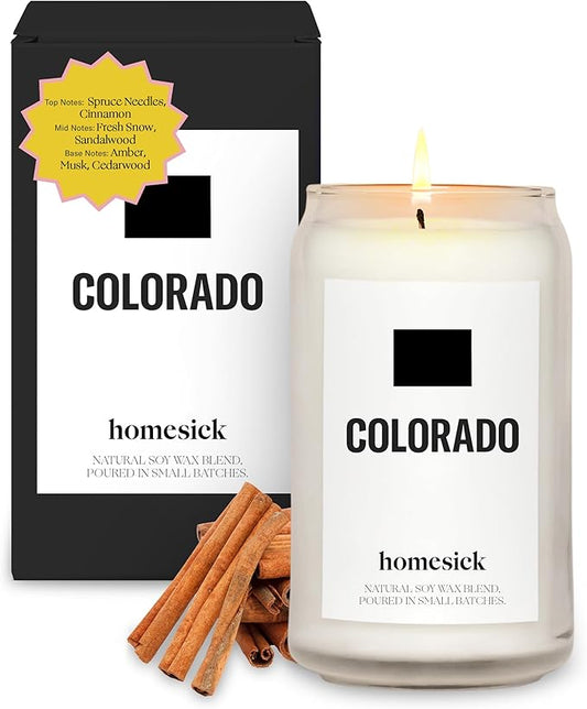 Homesick Scented Candles for Home (Colorado) - 13.75 oz Long-Lasting Soy Wax Jar Candle for Women & Men for All Occasions, 60-80 Hours Burn Time - Notes of Spruce Needles & Cinnamon