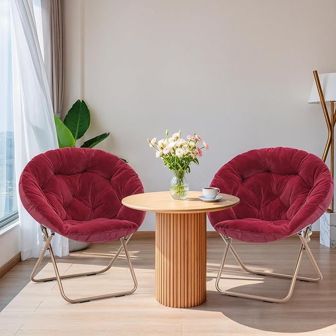 Magshion Saucer Chair for Adults, Comfy Living Room Lounge Chair for Bedroom Corner, Dorm, Apartment, Faux Fur Fluffy Circle Accent Seat with Thick Padded & Folding Metal Frame (Burgundy, Set of 2)