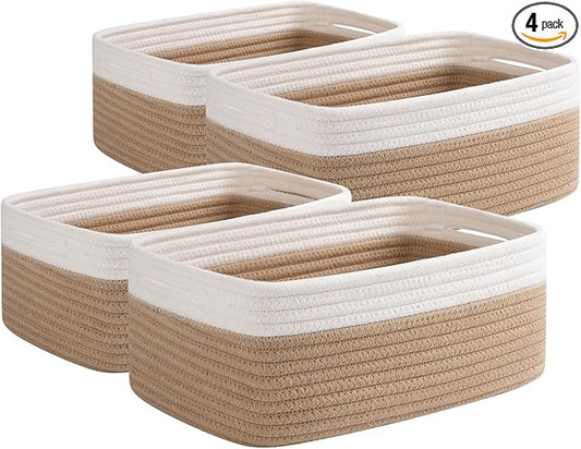 OIAHOMY 4 Pack Storage Baskets for Organizing, Small Bins for Shelves, Cute Decorative Storage Bins, Organizer Baskets for Gifts Empty, 11.8''Lx7.8''Wx4.7''H, Yellow/White