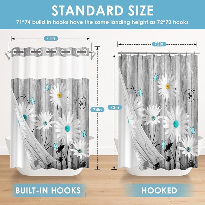 No Hook Flower Daisy Shower Curtain with Snap in Fabric Liner Set, Gray Wooden Boards Double Layers Waterproof Fabric with See Through Top Window Open Grommet Bath Curtain 71x74 Inch