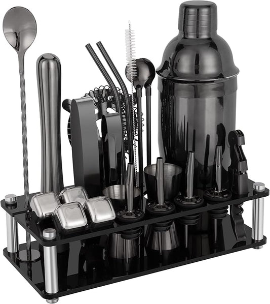 23 Piece Cocktail Shaker Set Bartender Kit with Acrylic Stand & Cocktail Recipes Booklet, Professional Bar Tools for Drink Mixing, Home, Bar, Party (Include 4 Whiskey Stones) - Black