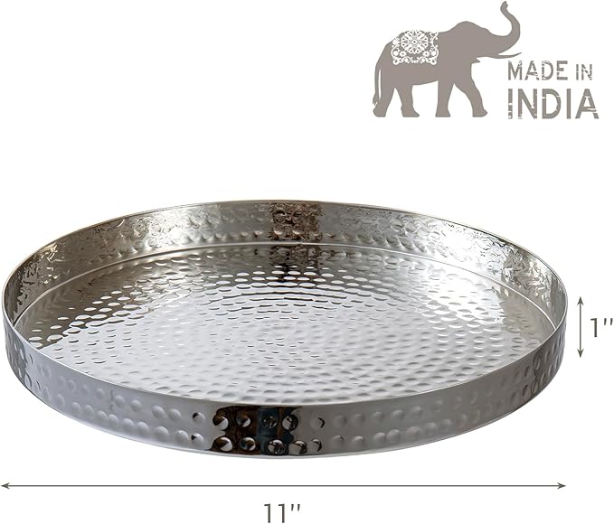 MyGift 11 Inch Deluxe Hammered Silver Round Decorative Tray - Aluminum Plated Serving Display Platter and Vanity Tray - Handcrafted in India