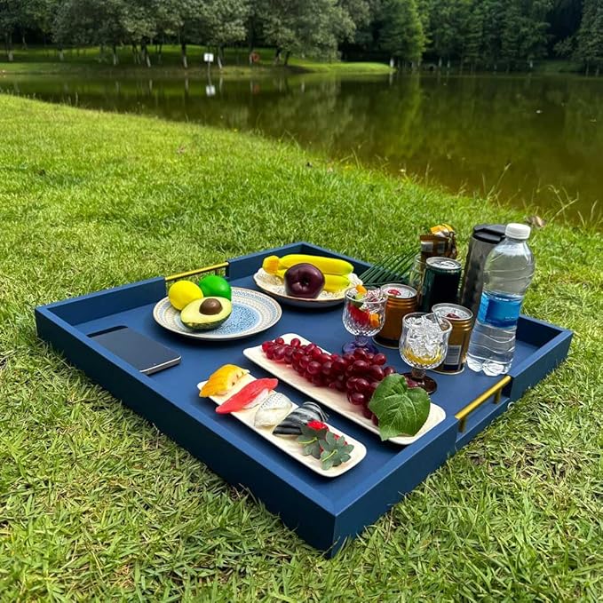 24x24 Inches Extra Large Blue Faux Leather Wrapped Wood Ottoman Tray with Golden Handles for Serving Food and Breakfast On Bed, Square Coffee Table Organizer, Home Decor and Decorative