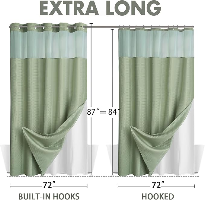 YellyHommy No Hook Shower Curtain with Snap in Liner Set Less Time Sage Green Waffle Shower Curtain for Bathroom 87" L x 72" W