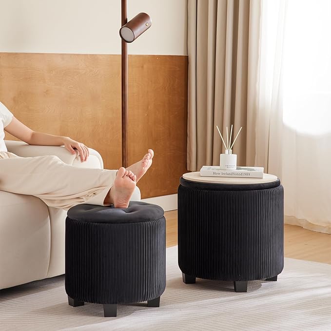 Big Round Ottoman with Storage Set of 2,Upholstered Velvet Vanity Stool for Makeup Multifunctional Foot Rest Coffee Table Padded Seat Tufted Ottomans for Living Room&Bedroom (Black)