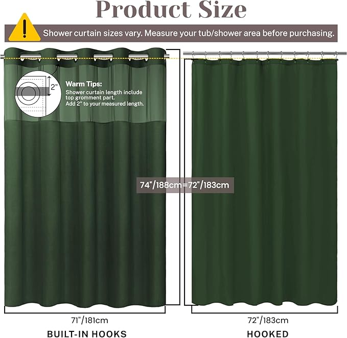 No Hook Slub Textured Shower Curtain with Snap in Liner - Dark Green Fabric Outer Curtain & Waterproof Inner Liner, Hotel Style with See Through Top Window, 71x74 in