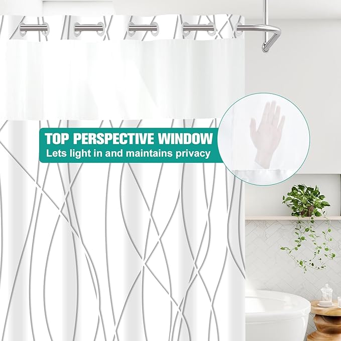 No Hook Grey Shadow Striped Long Shower Curtain with Snap in Fabric Liner Set - Hotel Shower Curtain and Liner Set with See Through Mesh Top Window,Machine Washable, 71x86 INCH