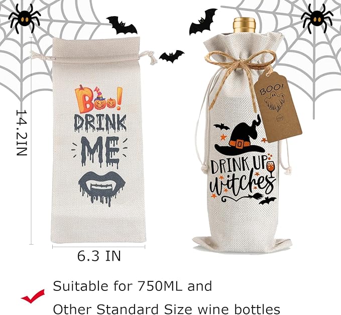 1Pcs Drink Up Witches Gifts Wine Bag,Halloween Wine Bag Halloween Gifts Party Decorations for Women Men with 1Pcs Kraft Blessing Cards and natural jute rope
