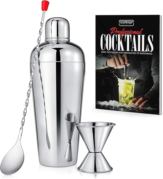 NutriChef 3 Piece Bartender Set | Professional Margarita Mixer & Cocktail Shaker Set Includes Cocktail Shaker, Jigger & Bar Spoon | Bartender Martini Mixology Barware | Perfect for Homes & Bars