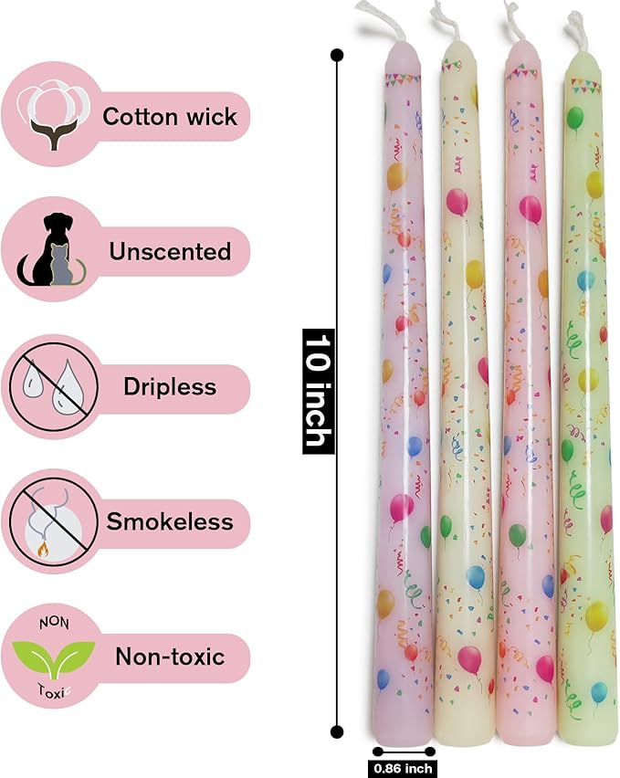 10 Inch Birthday Taper Candles 4 Pcs Unscented, Smokeless, Balloon Long Tapered Candlesticks Candles for Mother's Day Birthday Dinner Dating Wedding Party Home Decor