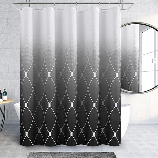 Black Geometric Shower Curtain W 54 x H 78, Waffle Weave Textured Ombre Shower Curtain for Bathroom, Black White Gradual Fabric Bath Curtains Set with Hooks, Durable and Washable