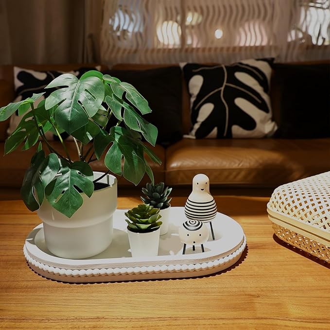 Oval Wood Serving Tray with Wooden Beads, Outdoor Farmhouse Decorative Tray for Ottoman, Coffee Table, Kitchen Counter Organizer, Home Decor(White)