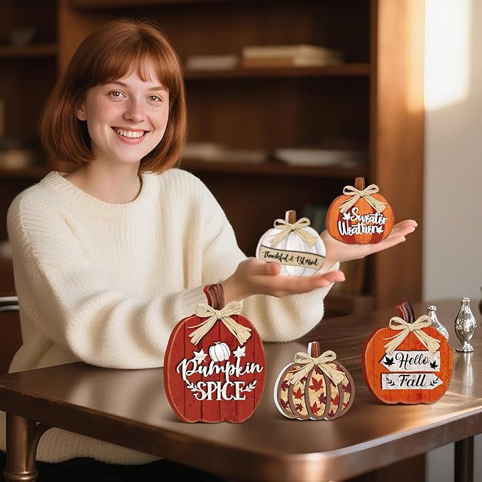 5 Pcs Fall Pumpkin Decor for Home Thanksgiving Wooden Table Centerpiece Decorations Fall Wooden Pumpkin Spice Signs for Autumn Farmhouse Kitchen Mantle Tabletop Supplies