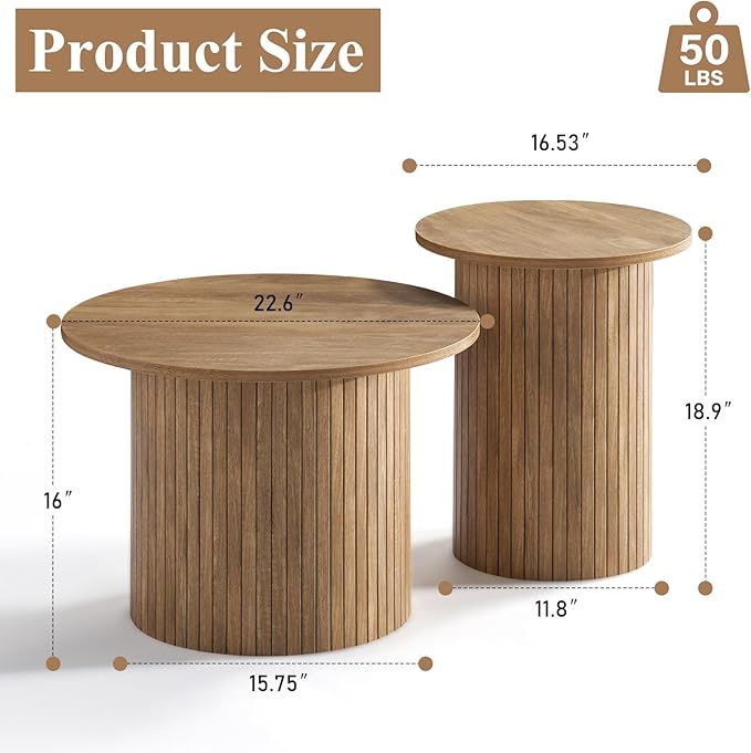 Nesting Coffee Table Set of 2, Mid Century Modern Round Coffee Table, Wood Slat Side Table Set for Living Room, Office, Balcony (Natural Oak)