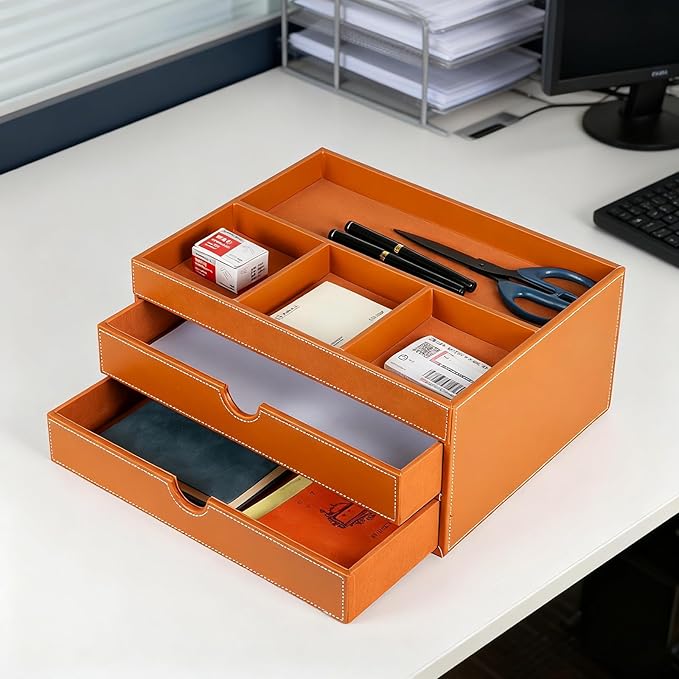 Household Multifunctional Desktop Storage Cabinet, Office file Cabinet Made of Leather, Drawers and Four Separate Organizers, Storage Box on the Bedside Table in the Room (brown)