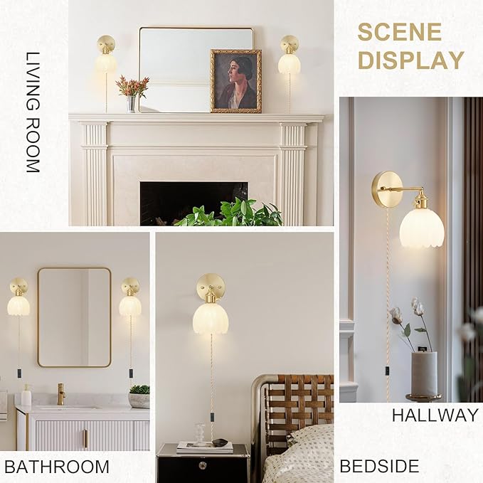 Plug in Wall Sconces Set of 2, Vintage Wall Sconce Light with Tulip Milk White Glass Lampshade, 180° Adjustable Wall Sconce with Switch and Plug in Wall lamp Cord, Gold Wall Light Wall Decor Set of 2