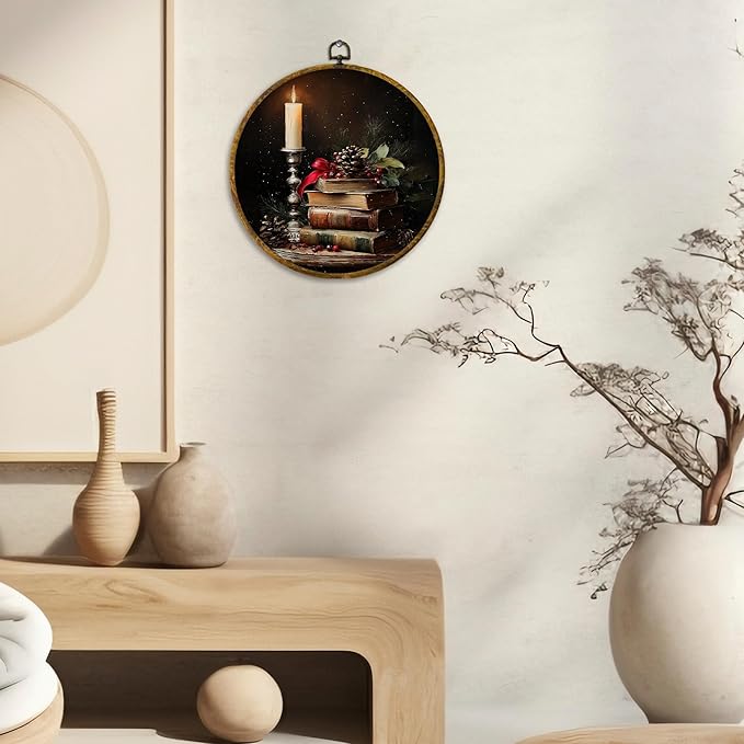 CUANFDDSF Vintage Moody Christmas Book Round Wall Art, Rustic Christmas Candle Bookish Framed Hanging Wall Decor, Cozy Xmas Winter Canvas Prints Decorations for Home Library Reading Room, 10x10 Inch