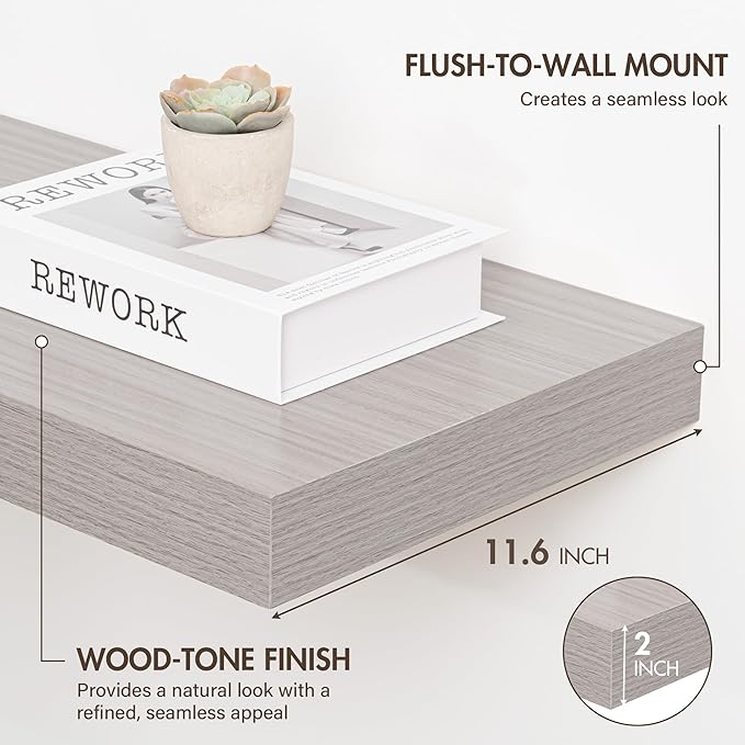 30 Inch Floating Shelves, 12" Deep Floating Shelf Wall Mounted, 30" Wall Shelves, Rustic Deep Bookshelf, Extra Deeper & Thicker Display Shelves for Bedroom, Living Room, Gray, Set of 2