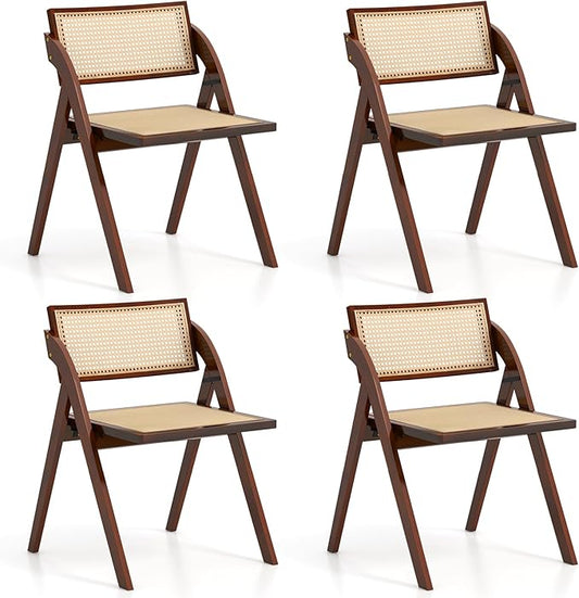 Giantex Folding Dining Chairs Set of 4, Wooden Folding Chair with Rattan Backrest & Seat, Sturdy Rubber Wood Frame, Armless Accent Chairs for Living Room, Kitchen Wedding Party, No Assembly, Brown