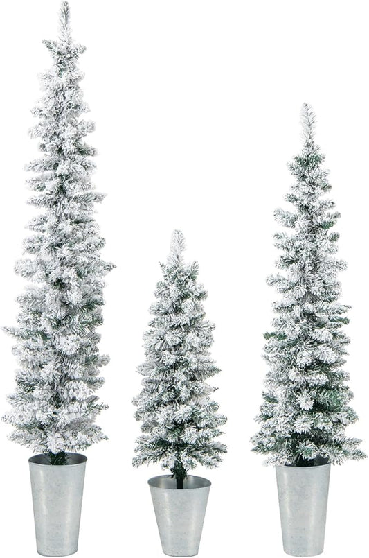 GOFLAME Set of 3 Potted Christmas Tree Snow Flocked, 3’ 4’ 5’ Slim Pencil Trees with 120, 140, 160 Branch Tips & Cement-Filled Metal Bases, Artificial Entrance Xmas Trees for Porch, Front Door