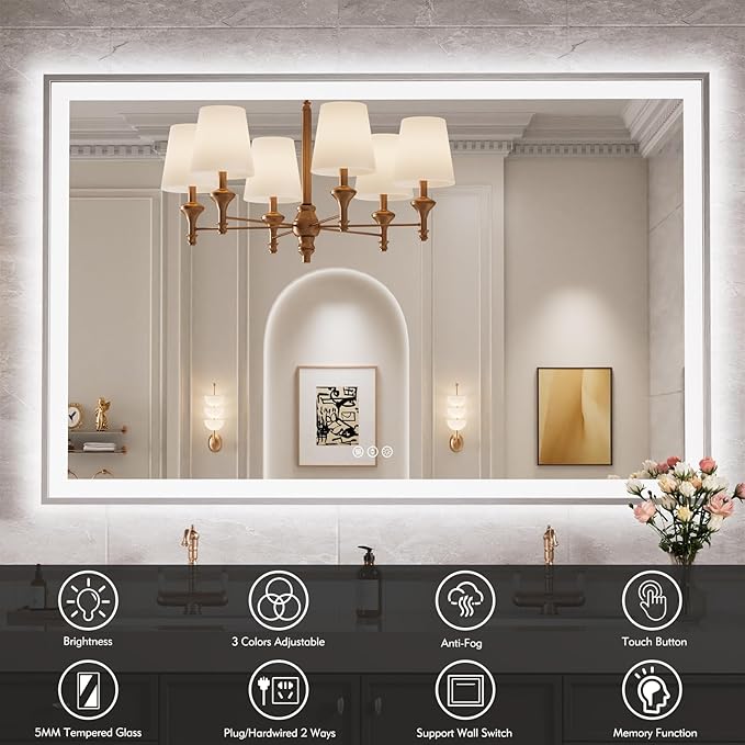 55x36 Silver LED Bathroom Mirror, Rectangle Brushed Nickel Lighted Mirror for Wall, Stepless Dimmable Led Vanity Mirror with Front-lit and Backlit, Tempered Glass, Anti-Fog, Memory