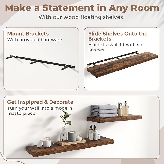 Floating Shelves for Wall with Invisible Brackets, Wall Mounted Engineered Wood Shelves with Wood Grain for Living Room, Bathroom, Kitchen Decor and Storage, Oak, 55"L Set of 2, Rustic Brown