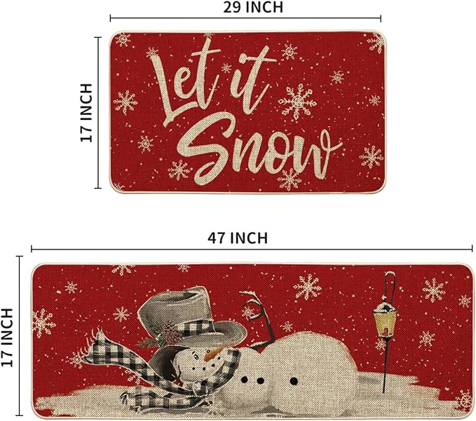Artoid Mode Red Let It Snow Snowflake Snowman Winter Kitchen Mats Set of 2, Christmas Decor Low-Profile Kitchen Rugs for Floor - 17x29 and 17x47 Inch