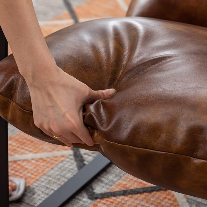 Mid-Century Accent Chair, Comfy PU Leather Side Chair with Armrest, Upholstered Leisure Chair with Black Metal Frame for Living Room Bedroom Reception Room, Brown