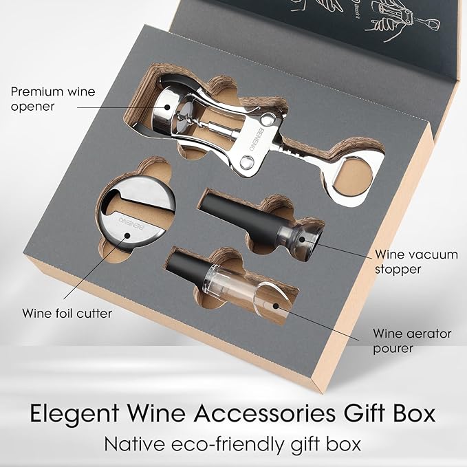Beneno Multifunctional Wine Bottle Opener Gift Set - Wing Corkscrew, Foil Cutter, Vacuum Stopper & Aerator Pourer, Perfect for Wine Lovers Man Woman, Silver Set