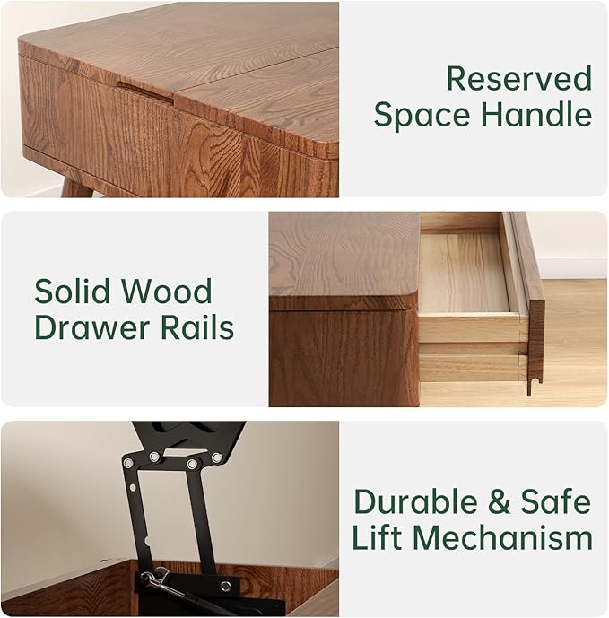 Lift Top Coffee Table,100% Solid Oak Wood Walnut Coffee Table with Drawers and Hidden Compartments, Rectangular Coffee Tables with Storage for Living Room Home Decor (47.24inch)